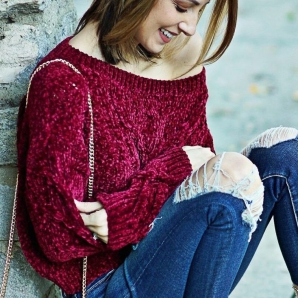 CASUAL DOLLZ So Soft Chenille Sweater - Burgundy - Picture 1 of 5